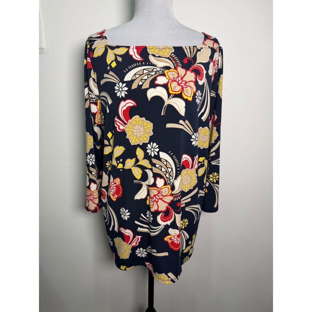 Lane Bryant Floral Tunic Top Navy Blue Red Yellow 3/4 Sleeve Keyhole Back 18/20